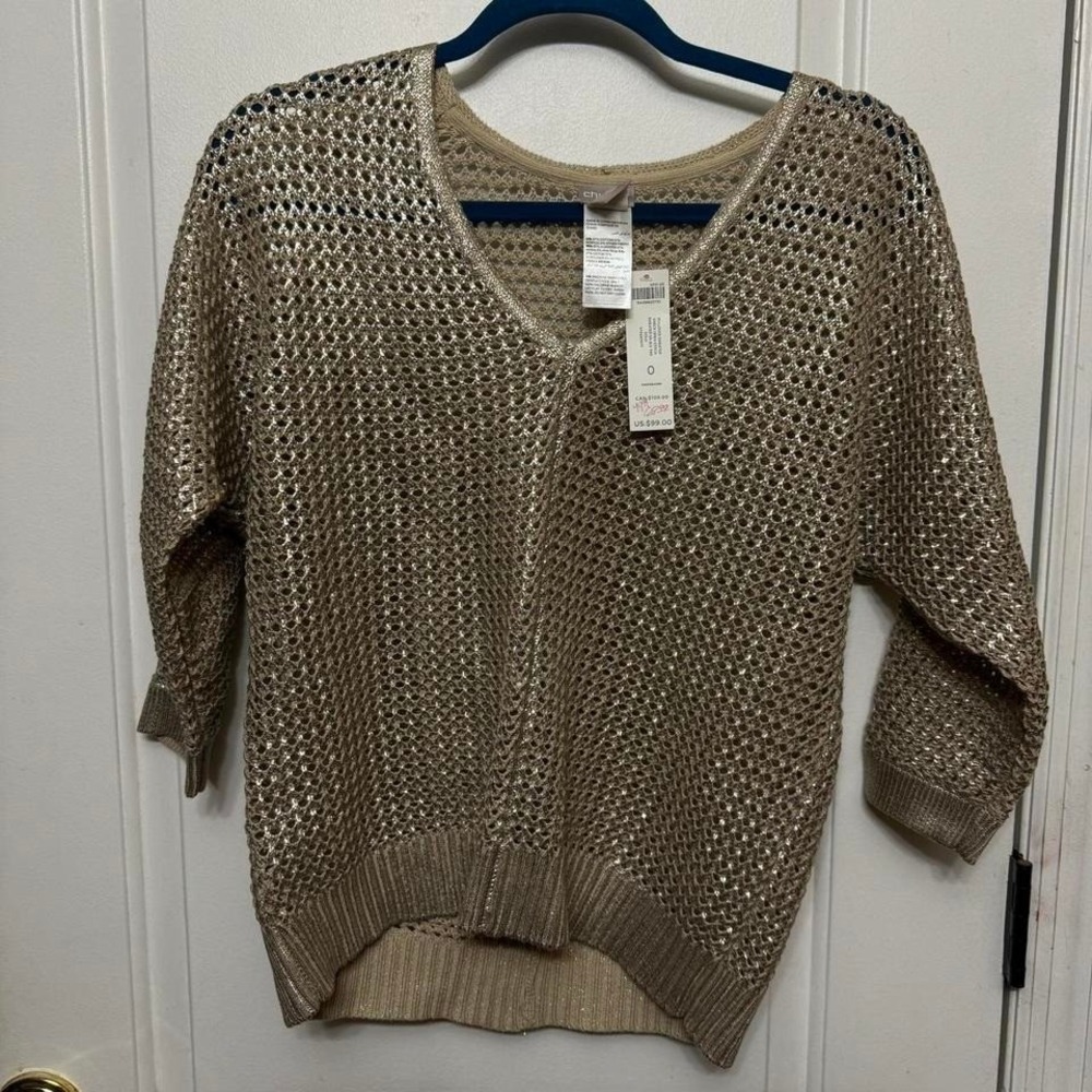 Chico's Women's Gold V-Neck 3/4 Sleeve Knit Pullover Sweater Size 0